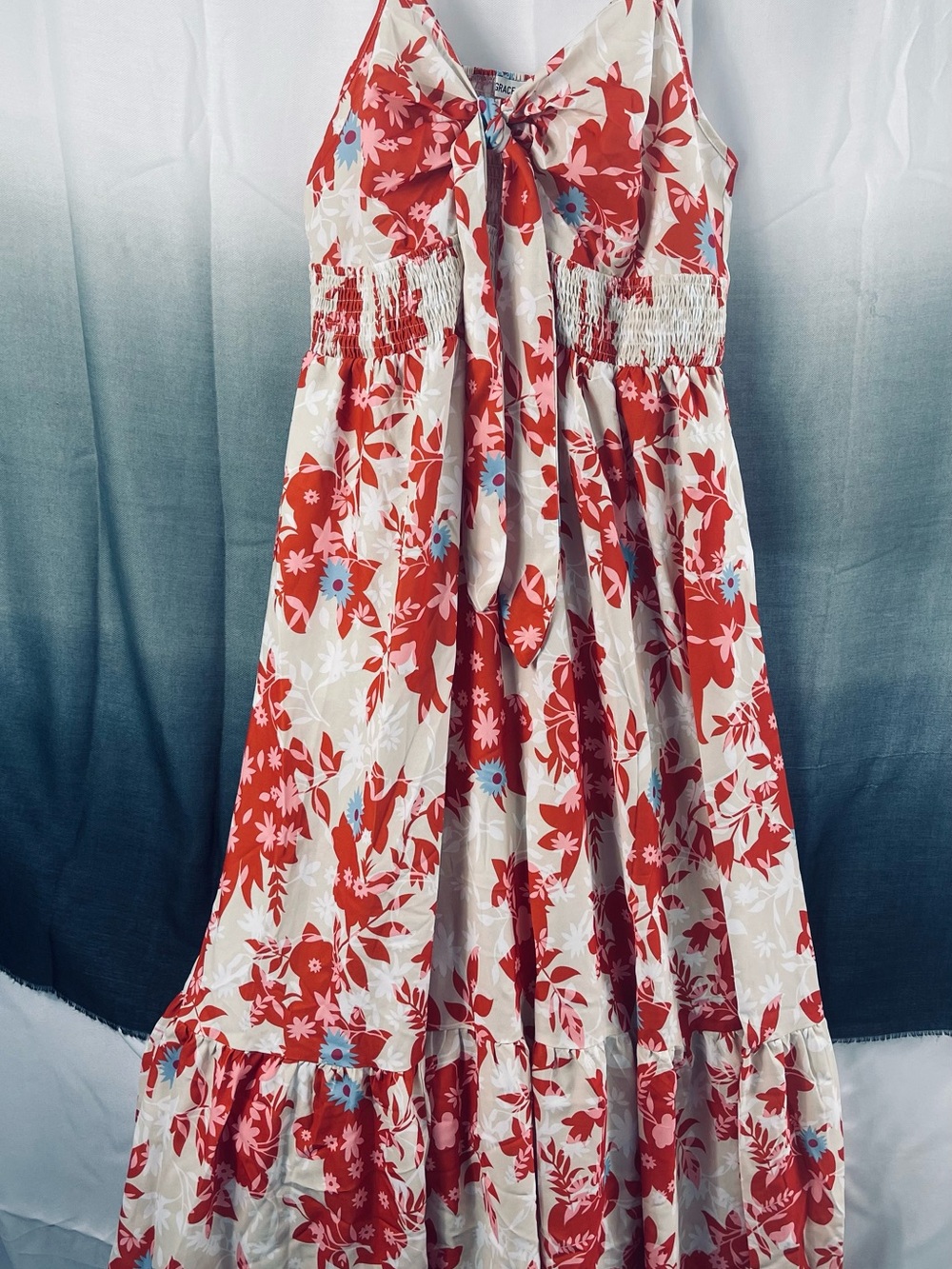 Grace Karin Floral Tie-Front Spaghetti Strap Maxi Dress Smocked Back - Pockets